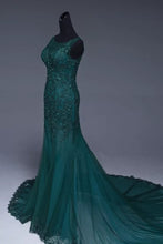 Load image into Gallery viewer, Emerald Green Tulle Mermaid Prom Dresses Lace Appliques Formal Dress
