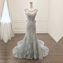 Load image into Gallery viewer, Elegant Silver Lace Bow Back Mermaid Evening Gown Dresses-alinanova
