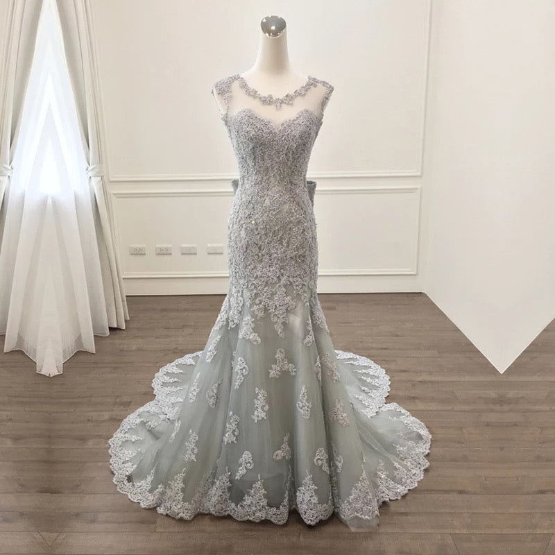 Elegant Silver Lace Bow Back Mermaid Evening Gown Dresses-alinanova