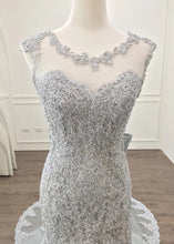 Load image into Gallery viewer, Elegant Silver Lace Bow Back Mermaid Evening Gown Dresses
