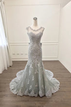 Load image into Gallery viewer, Elegant Silver Lace Bow Back Mermaid Evening Gown Dresses
