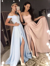 Load image into Gallery viewer, Long Bridesmaid Dresses Off Shoulder Satin Split Gowns
