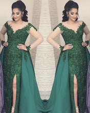 Load image into Gallery viewer, Sheer Long Sleeves Leg Slit Satin Mermaid Evening Dresses Lace Appliques
