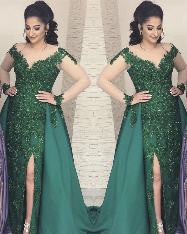 Sheer Long Sleeves Leg Slit Satin Mermaid Evening Dresses Lace Appliques Sheer Long Sleeves Leg Slit Satin Mermaid Evening Dresses Lace Appliques