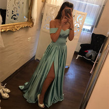 Load image into Gallery viewer, V Neck Leg Slit Satin Long Bridesmaid Dresses Off The Shoulder-alinanova
