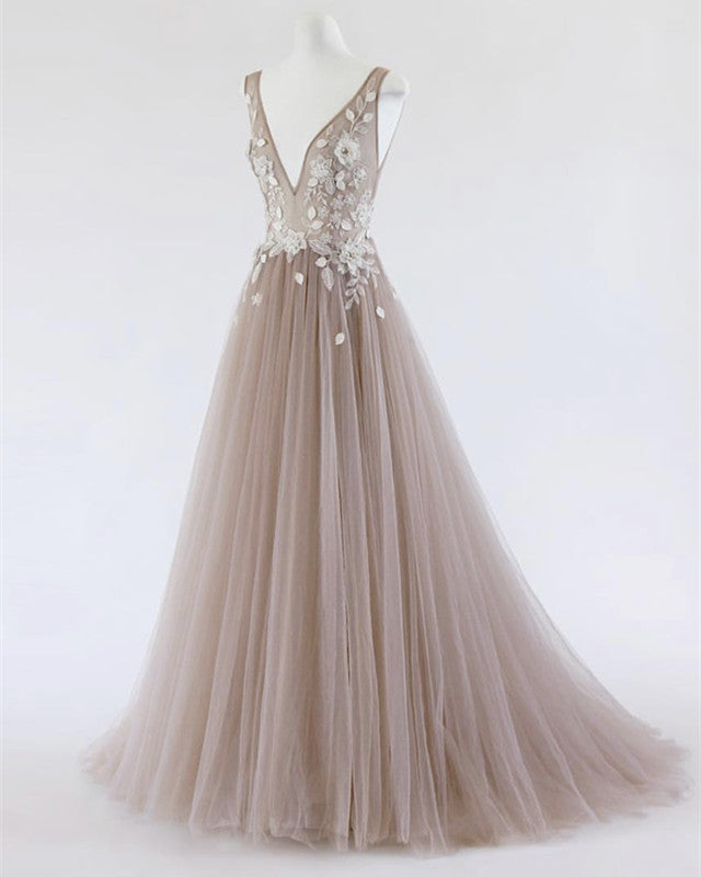 See Through Prom Dresses Tulle Embroidery Evening Gowns-alinanova