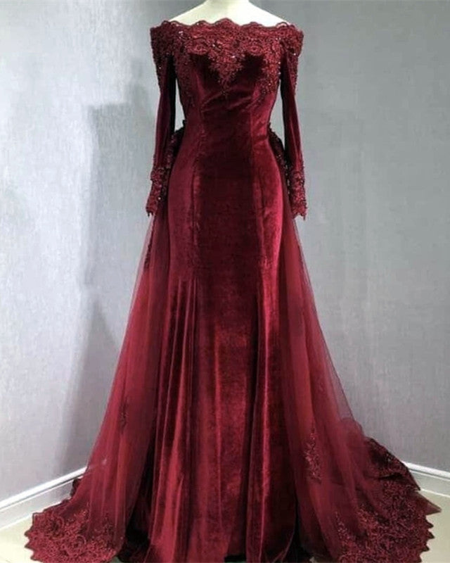 off the shoulder long sleeve red velvet dress Long Sleeves Velvet Mermaid Prom Dresses Detachable Skirt