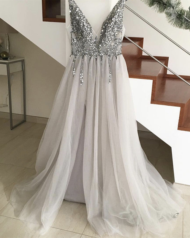 Sparkly Crystal Beaded V-neck Tulle Split Evening Dresses-alinanova
