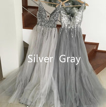 Load image into Gallery viewer, Sparkly Crystal Beaded V-neck Tulle Split Evening Dresses
