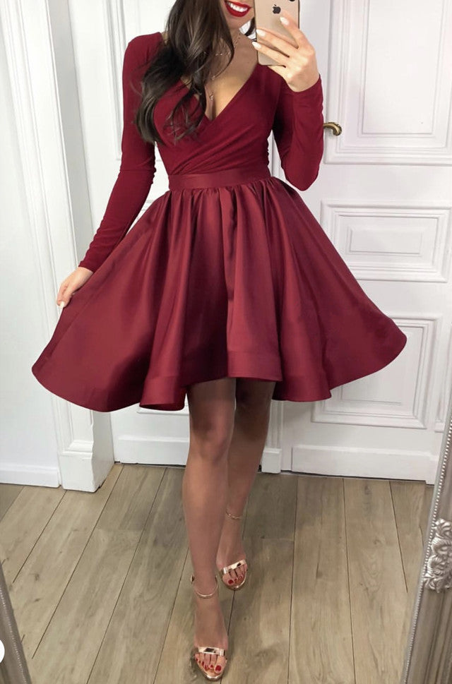 Modest Velvet Long Sleeves Satin Ruffles Homecoming Dresses