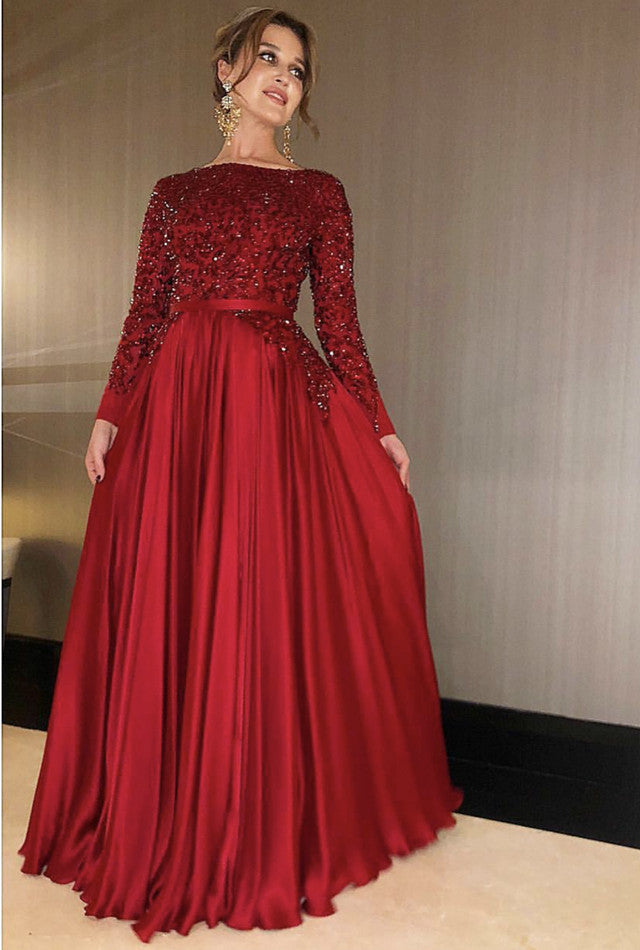 Modest Prom Dresses Long Sleeve Sequins Beaded