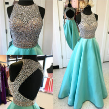 Load image into Gallery viewer, Jewelry Neck Sage Green Satin Prom Dresses Open Back
