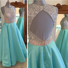 Load image into Gallery viewer, Jewelry Neck Sage Green Satin Prom Dresses Open Back
