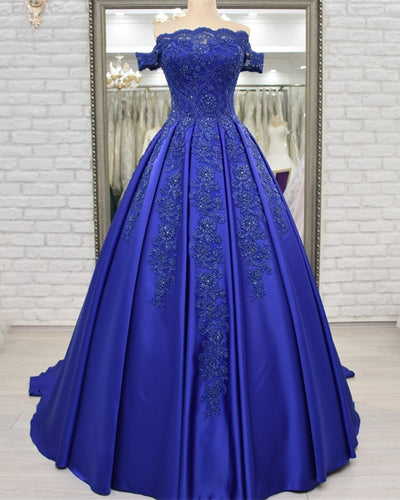 Off Shoulder Long Satin Evening Dresses Lace Embroidery-alinanova
