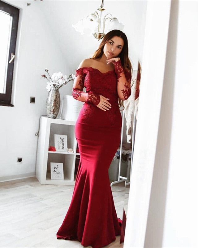 Lace Long Sleeves Mermaid Off Shoulder Bridesmaid Dresses Floor Length