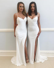 Load image into Gallery viewer, Spaghetti Straps V Neck Long Slit Mermaid Prom Dresses 2018
