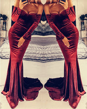 Load image into Gallery viewer, Burgundy-Evening-Dresses-Velvet-Long-Sleeves-Prom-Gowns-Mermaid
