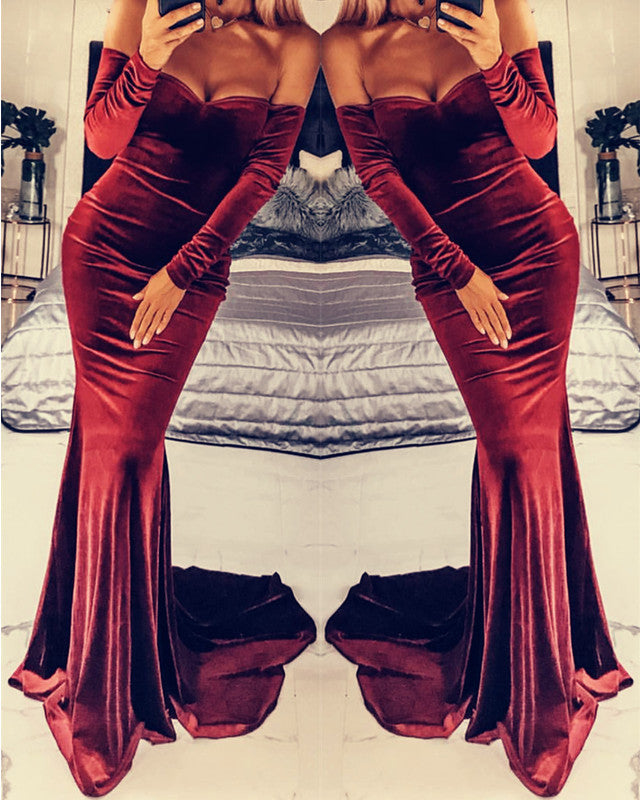 Burgundy-Evening-Dresses-Velvet-Long-Sleeves-Prom-Gowns-Mermaid
