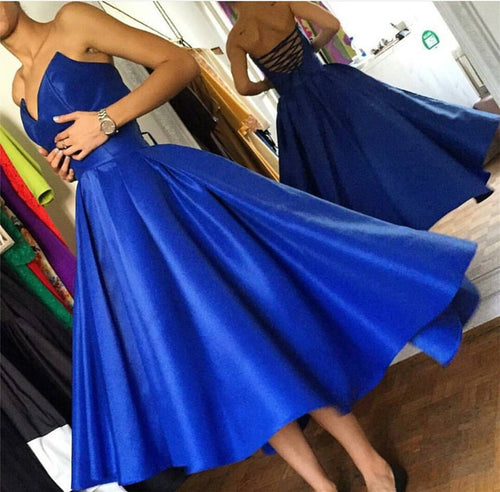 High Low Hem Style Satin Royal Blue Prom Dresses-alinanova
