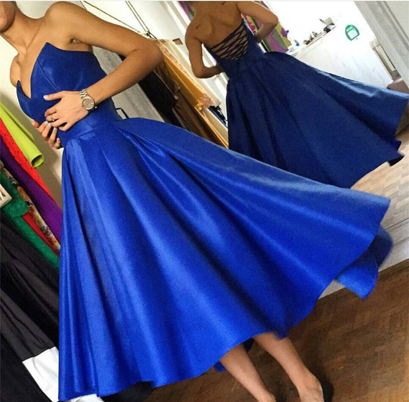 High Low Hem Style Satin Royal Blue Prom Dresses-alinanova