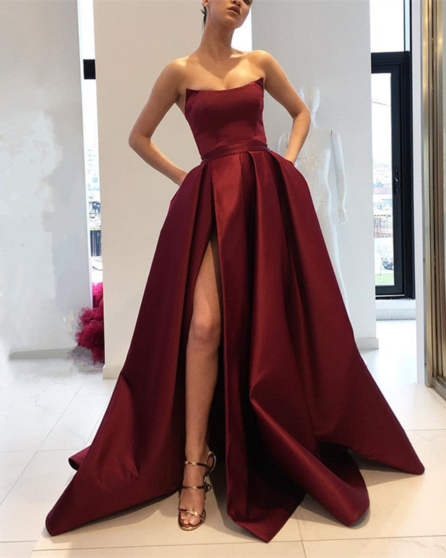 Strapless Bodice Corset Long Satin Leg Split Evening Dresses