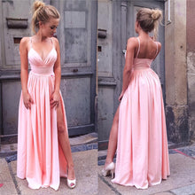 Load image into Gallery viewer, Sexy V-neck Long Pink Satin Prom Dresses With Leg Split
