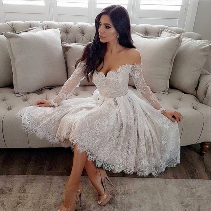 White Lace Long Sleeves V-Neck Homecoming Dresses Off The Shoulder-alinanova
