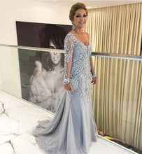 Load image into Gallery viewer, Silver Lace Appliques Long Sleeves Mermaid Evening Dresses For Mother Of The Bride
