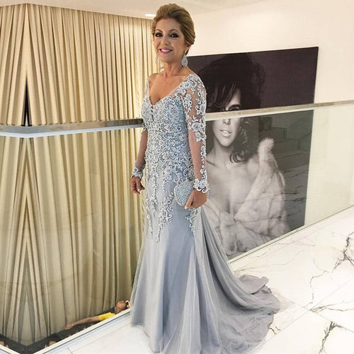 Silver Lace Appliques Long Sleeves Mermaid Evening Dresses For Mother Of The Bride-alinanova