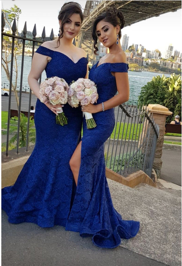 Stylish V-neck Off -The -Shoulder Leg Split Mermaid Lace Bridesmaid Dresses