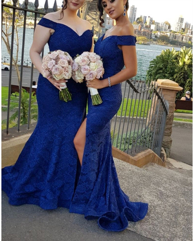 Stylish V-neck Off -The -Shoulder Leg Split Mermaid Lace Bridesmaid Dresses