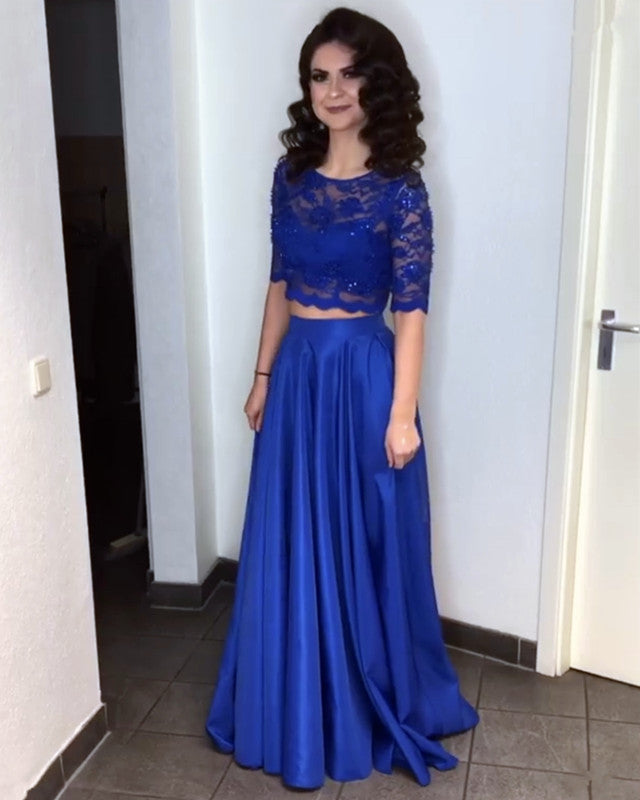 blue long sleeve two piece prom dress Elegant Lace Crop Floor Length Satin Prom Dresses Two Piece – alinanova