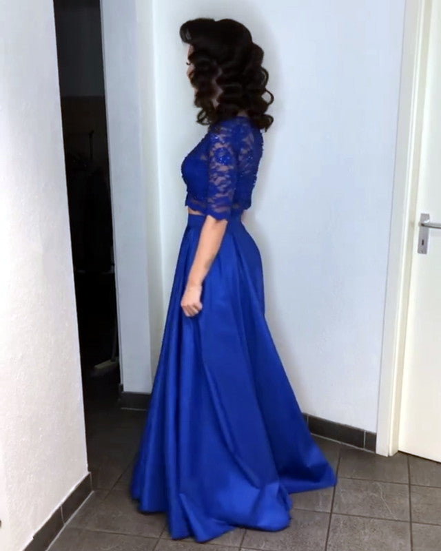 blue long sleeve two piece prom dress Lace Crop Floor Length Satin Dresses Vintage 2000s SAVE THE Size:12/1 32 Oz. Case Square Neck Sleeves Sherri Hill Dress 57092