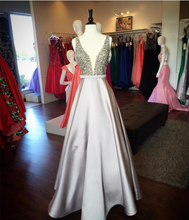 Load image into Gallery viewer, Pearl Beaded V Neck Long Silver Satin Prom Dress Floor Length
