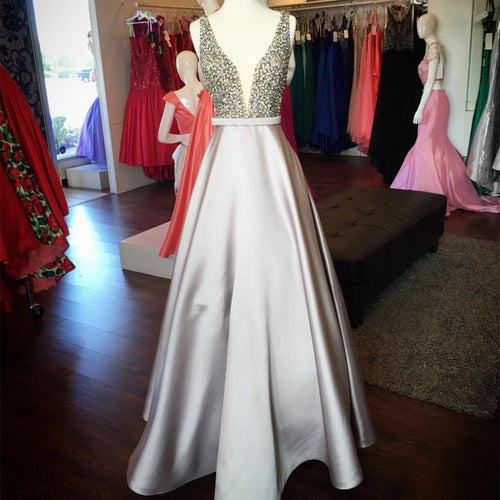 Pearl Beaded V Neck Long Silver Satin Prom Dress Floor Length-alinanova