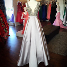 Load image into Gallery viewer, Pearl Beaded V Neck Long Silver Satin Prom Dress Floor Length
