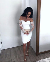 Load image into Gallery viewer, Sexy Off The Shoulder Sheath Cocktail Dresses Lace Long Sleeves Homecoming Dress
