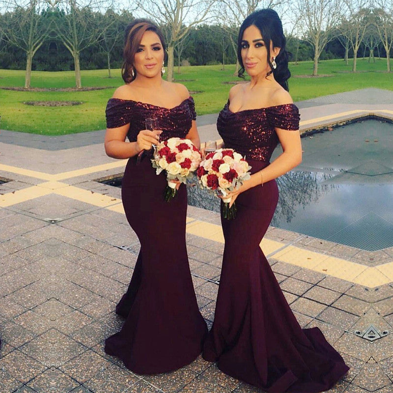 Sparkly Sequin V-Neck Off The Shoulder Satin Mermaid Bridesmaid Dress alinanova Sparkly Sequin V-Neck Off The Shoulder Satin Mermaid Bridesmaid Dress alinanova