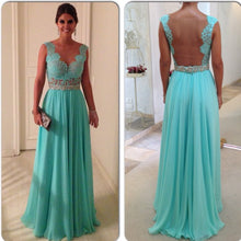 Load image into Gallery viewer, Lime Green Chiffon Prom Dresses Nude Back Lace Appliques
