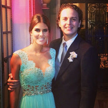 Load image into Gallery viewer, Lime Green Chiffon Prom Dresses Nude Back Lace Appliques
