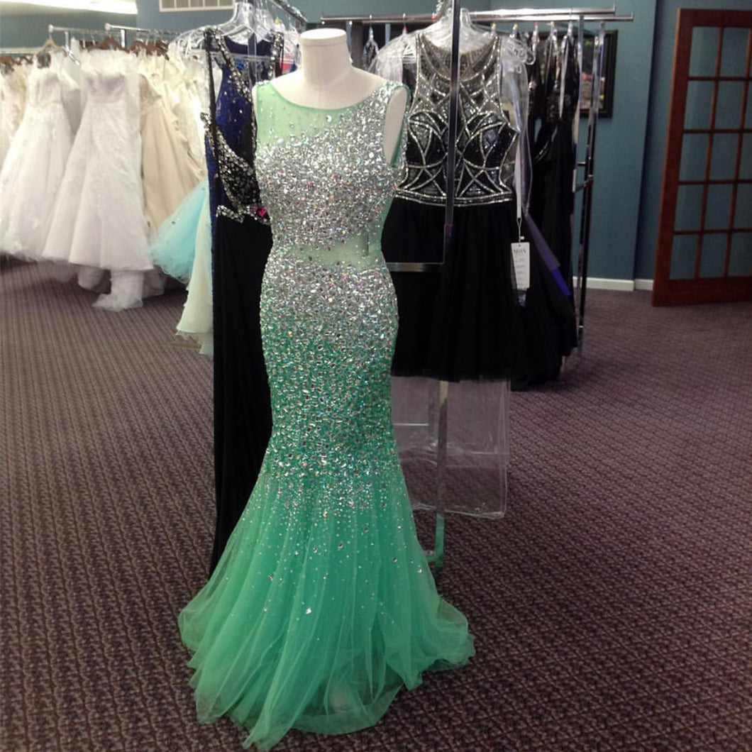 Mint Green Ice Blue Mermaid Evening Dresses Crystal Beaded Prom Gowns-alinanova