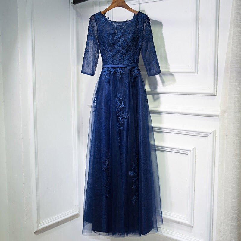 Elegant Lace Appliques Tulle Navy Blue Bridesmaid Dresses With Sleeves-alinanova