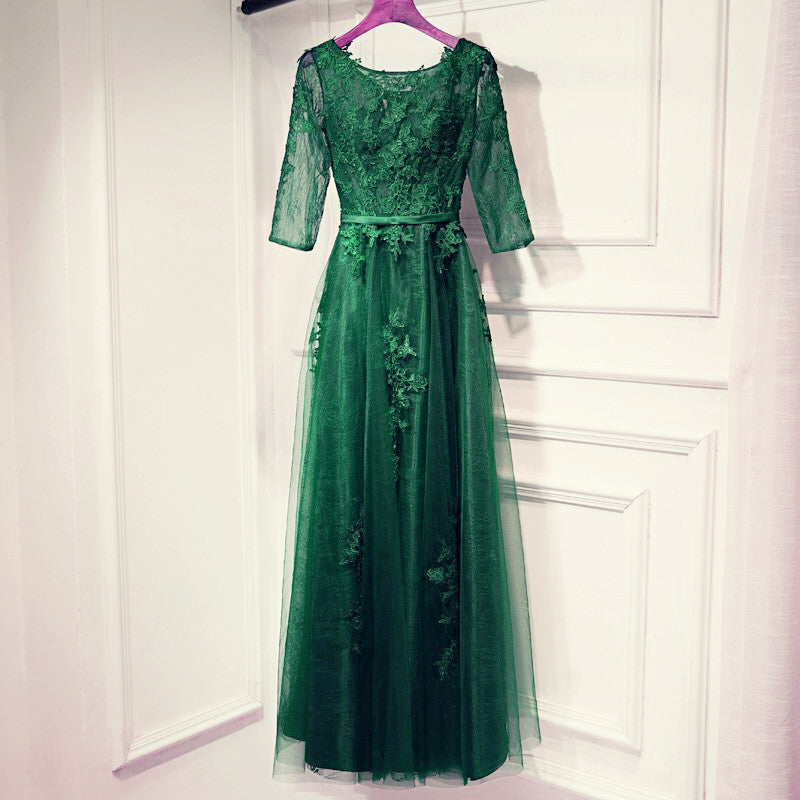 Elegant Lace Appliques Tulle Navy Blue Bridesmaid Dresses With Sleeves alinanova Elegant Lace Appliques Tulle Navy Blue Bridesmaid Dresses With Sleeves alinanova