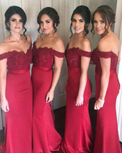 Load image into Gallery viewer, Burgundy-Lace-Applique-Sexy-2018-Mermaid-Long-Bridesmaid-Dresses-Maid-Of -Honor -For-Wedding-Party-With -Train
