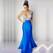 Load image into Gallery viewer, Gorgeous Beaded Long Satin V Neck Mermaid Evening Dresses
