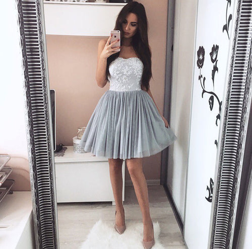 Cute A-line Pleated Tulle Homecoming Dresses Lace Appliques Sweetheart-alinanova