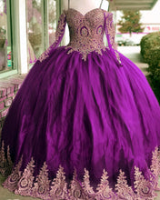 Load image into Gallery viewer, Gold Lace Charro Quinceanera Dress Long Sleeve Off The Shoulder
