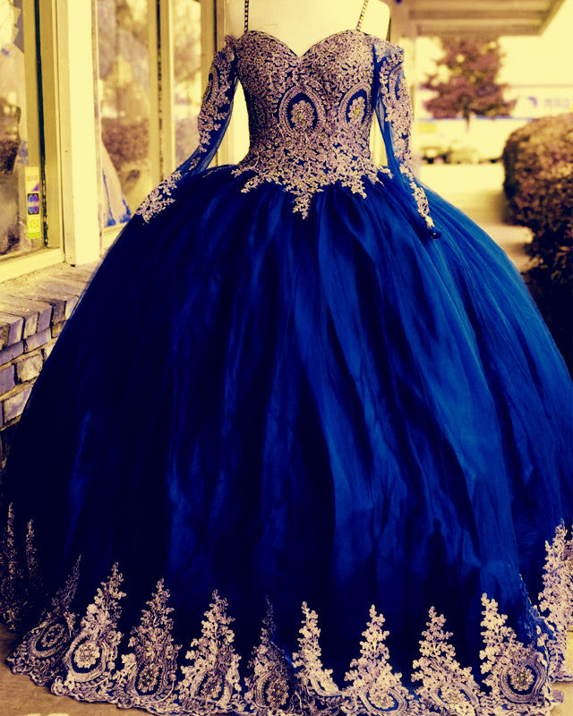 Gold Lace Charro Quinceanera Dress Long Sleeve Off The Shoulder