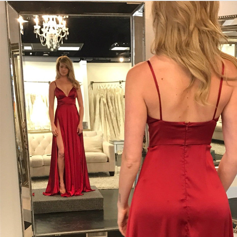 Sexy Deep V Neck Long Satin Burgundy Evening Dresses – alinanova