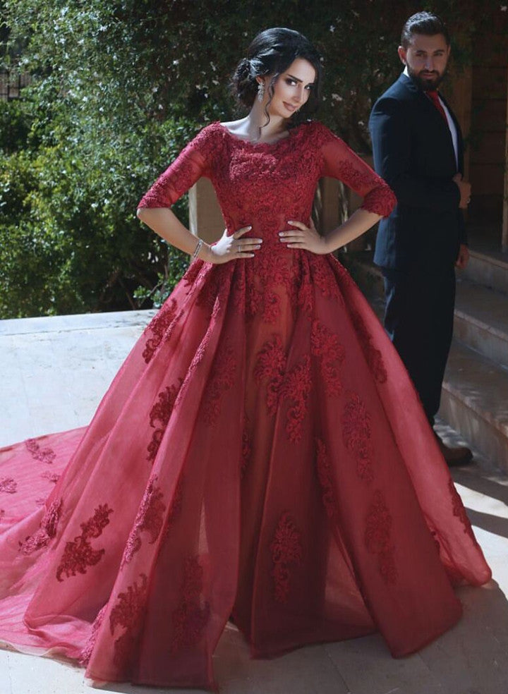 Modest Burgundy Tulle Prom Dresses With Lace Sleeves